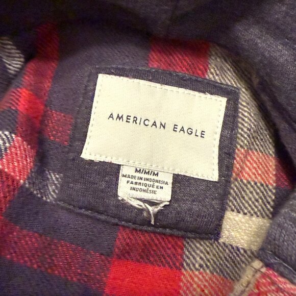 American Eagle Red Gray Plaid Hooded Quarter Button Flannel Shirt Size M - Picture 4 of 4